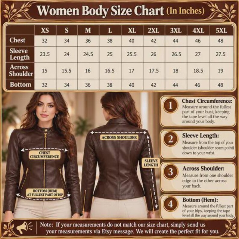 May include: A brown leather jacket shown from front and back views with a size chart titled Women Body Size Chart (In Inches). The chart lists measurements for chest, sleeve length, across shoulder, and bottom for sizes XS through 5XL.