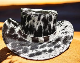 Black and White Cowhide Leather Cowboy Hat Handmade Western Rodeo Style
