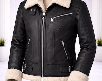 Women’s Black Leather Shearling Jacket with Faux Fur Bomber Coat