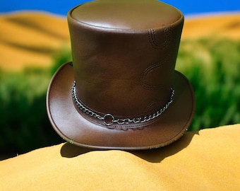 Brown Leather Steampunk Top Hat with Chain Band Vintage Gothic Style
