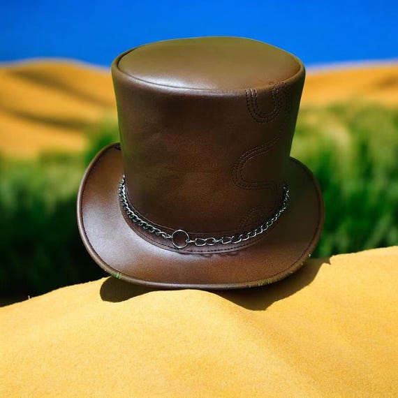 Brown Leather Steampunk Top Hat With Chain Band Vintage  display picture 1
