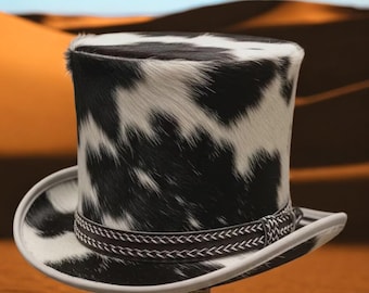 Cowhide Leather Black White Top Hat Handmade Western Steampunk Festival Wear”
