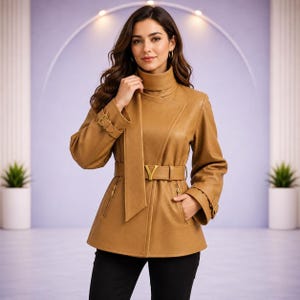 Puede incluir: Una chaqueta color canela con cuello alto, mangas largas con puños de hebilla y un cinturón en la cintura con una hebilla dorada en forma de V. La chaqueta incluye un detalle de panel frontal vertical, dos bolsillos laterales con cremallera y pantalón negro.