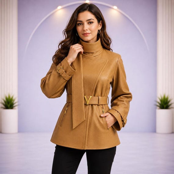 Women’s Tan Leather Cape Jacket, High Neck Belted Minimalist Winter Coat