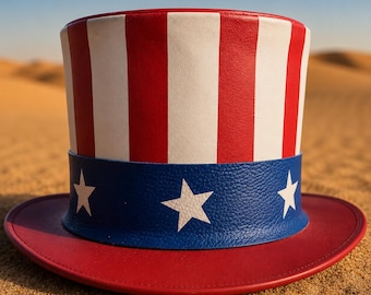 Handmade Leather American Flag Top Hat Red White Blue Uncle Sam Hat Cosplay