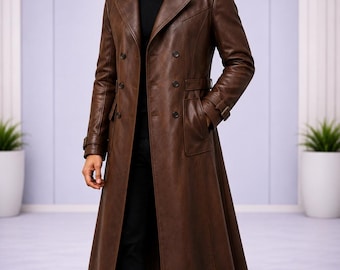 Men’s Brown Leather Trench Coat Long Classic Overcoat Handmade Winter Wear