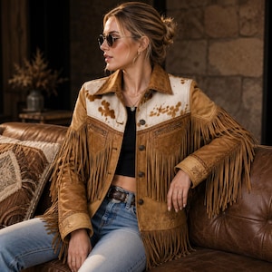 May include: A tan suede jacket featuring long fringe detailing along the chest, sleeves, and hem. The garment includes a white cowhide-patterned yoke, a button-front closure, and intricate embroidery on the cuffs and chest pockets.