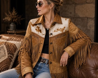 Women’s Western Cowhide Fringe Jacket, Tan Suede Rodeo Leather Coat