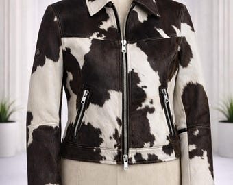 Jaqueta de couro de vaca feminina marrom branco estilo ocidental roupa vintage