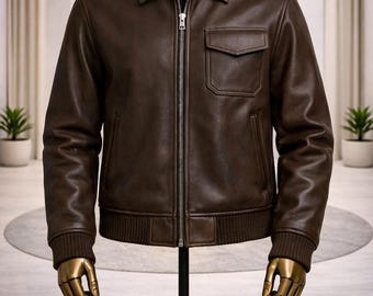 Men’s Brown Leather Bomber Jacket | Classic Casual Winter Wear Coat
