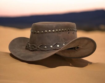 Handmade Brown Leather Outback Cowboy Hat Western Festival Style