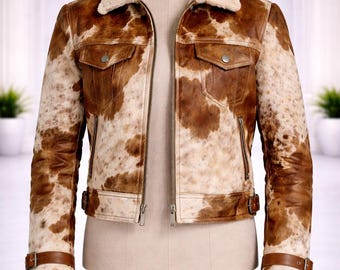 Women Cowhide Leather Jacket Brown White Hair on Hide Western Bomber Style