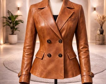 Women’s Brown Leather Jacket, Double Breasted Casual Blazer Style Coat