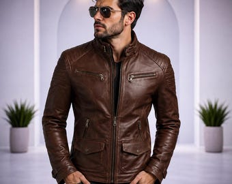 Chaqueta de motociclista de cuero marrón hecha a mano para hombre / Abrigo de motociclista vintage