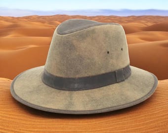Handmade Olive Green Leather Outback Hat: Wide Brim Western Fedora