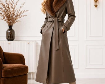 Abrigo largo de invierno con cinturón, de piel marrón, para mujer, con cuello de piel sintética.