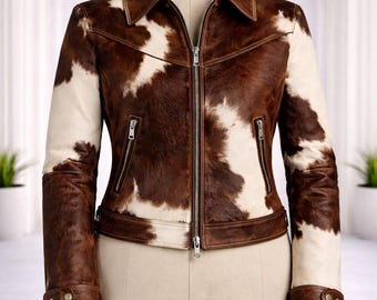 Women’s Cowhide Leather Jacket Brown White Hair-On Hide Western Bomber Coat