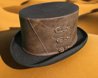Handmade Leather Steampunk Top Hat: Buckled Straps, Gothic Costume
