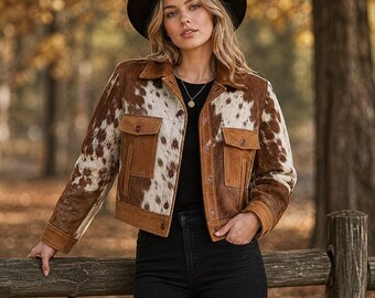 Chaqueta de piel de vaca para mujer / Abrigo camionero de piel con pelo estilo rancho western