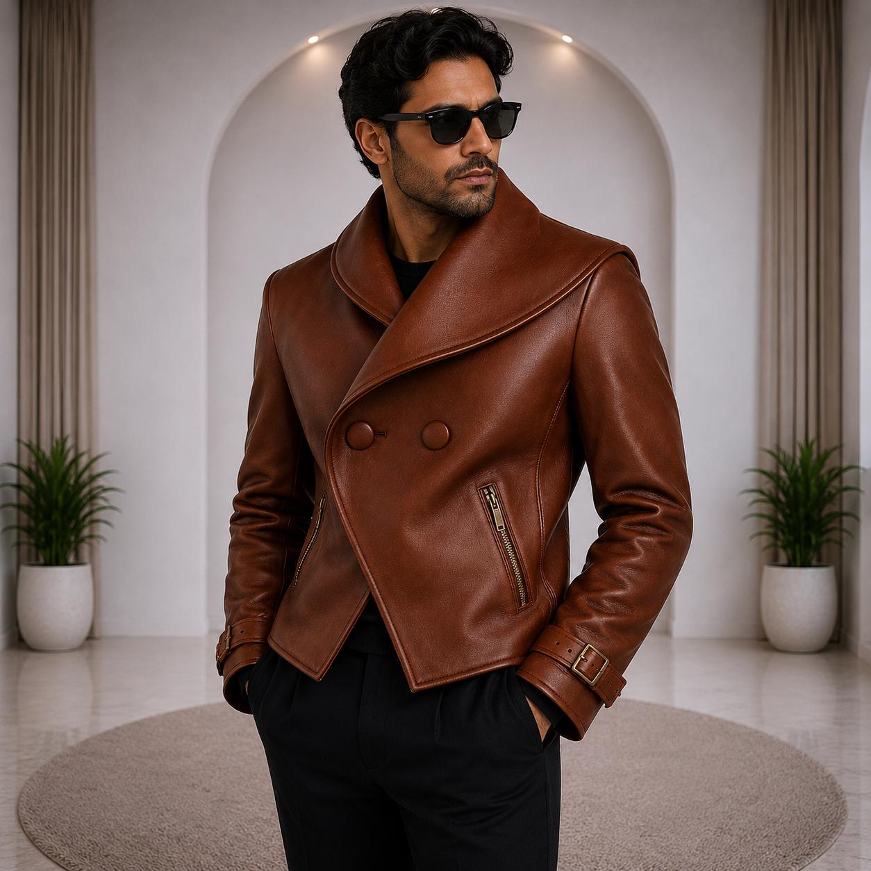 Men's Brown Leather Short Coat, Handmade Minimalist Double Breasted Jacket