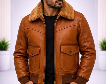 Men’s Tan Leather Bomber Jacket Shearling Collar Winter Wear Vintage Faux fur Style Coat