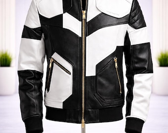 Chaqueta bomber de cuero a cuadros blancos y negros para hombre, abrigo urbano hecho a mano