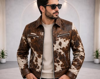 Men’s Brown White Cowhide Leather Jacket | Western Vintage Casual Wear