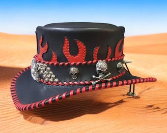 Black Leather Gothic Top Hat with Red Flame Design and Skull Stud Details
