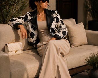 Women's Black White Cowhide Print Leather Biker Jacket Western Moto Coat
