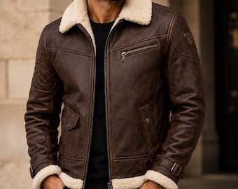 Men’s Brown Leather Bomber Jacket Winter Faux Fur Warm Outerwear