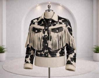 Women’s Black White Cowhide Leather Western Fringe Jacket Festival Outfit