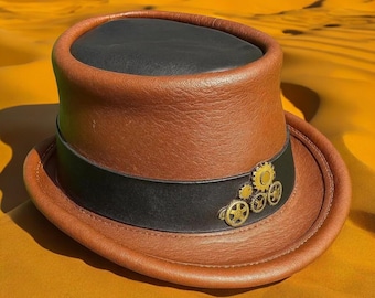 Brown Leather Steampunk Top Hat, Black Band, Handmade Festival Victorian Style
