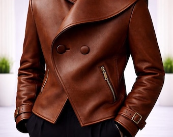 Men’s Brown Leather Short Coat, Handmade Minimalist Double Breasted Jacket