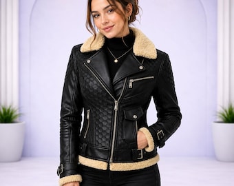 Women’s Black Leather Biker Jacket Textured Moto Style Slim Fit Fashion