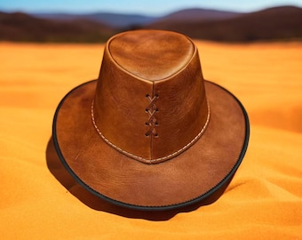 Men’s Brown Leather Cowboy Hat, Handmade Western Outback Style Fedora