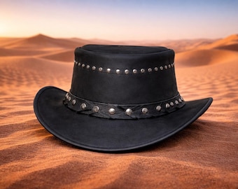 Black Leather Cowboy Hat with Studded Band Handmade Western Outback Style