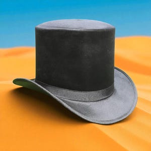 Könnte beinhalten: Ein schwarzer Zylinderhut mit grauem Rand und passendem Band. Der Hut ist vor einem orange-blauen Hintergrund platziert. Ein klassisches Accessoire, ideal für formelle Anlässe.