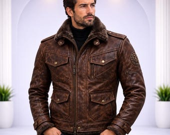 Men’s Distressed Brown Leather Jacket, Shearling Collar Aviator Coat, Winter Wear