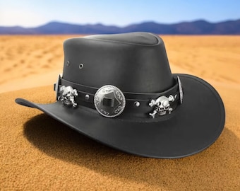 Black Leather Cowboy Hat with Skull Conchos Western Outback Handmade Style