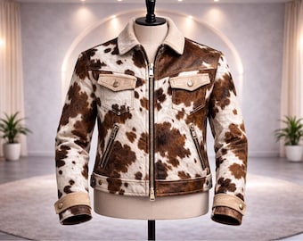 Woman Cowhide Leather Jacket Western Style Brown White Hair on Hide Winter Coat