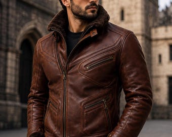 Men’s Brown Leather Shearling Coat Long Winter Wear Vintage Western Style Faux Fur  Jacket