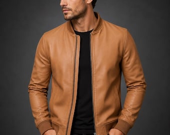 Men’s Brown Leather Biker Jacket – Slim Fit Motorcycle Riding Casual Wear