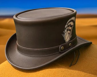 Handgemaakte bruinleren steampunk-cilinderhoed voor heren en dames