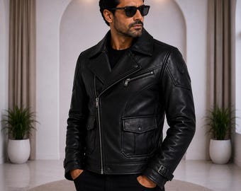 Mens black leather jacket textured biker style zipper casual winter outerwear