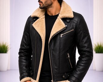 Men’s Black Shearling Leather Jacket Aviator Winter Warm Faux Fur Coat