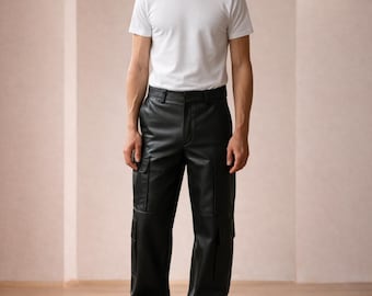 Men’s Black Genuine Leather Cargo Pants | Handmade Straight Fit Trousers