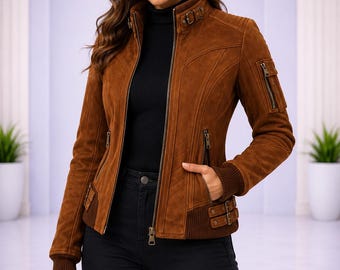 Women’s Brown Suede Bomber Jacket Casual Fall Fashion Soft Lightweight Coat