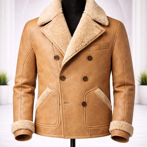 Men’s Leather Jacket, Tan Winter Coat, Handmade Outerwear image 1
