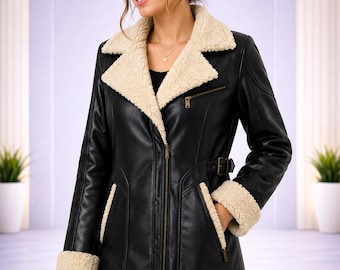 Women’s Black Leather Shearling Coat Winter Wear Long Minimalist Faux Fur Jacket