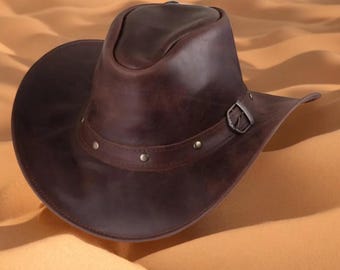 Brown Leather Cowboy Outback Hat Handmade Western Style Adventure Wear